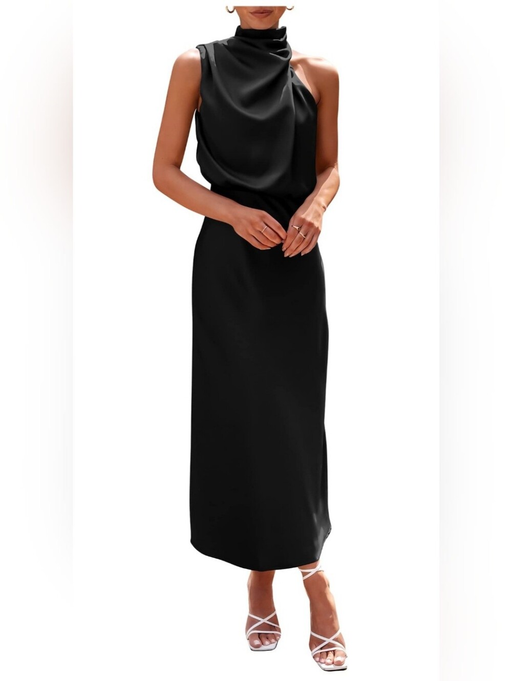 Classic Black Satin Maxi Slip Dress - Women's